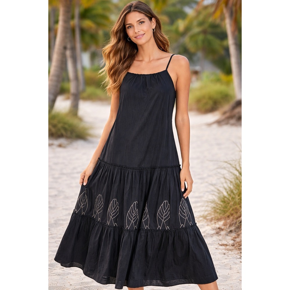 Casilda Mut‎ Maxi Dress Black Embroidered Resort Coastal Chic Boho Artsy XS NWOT
